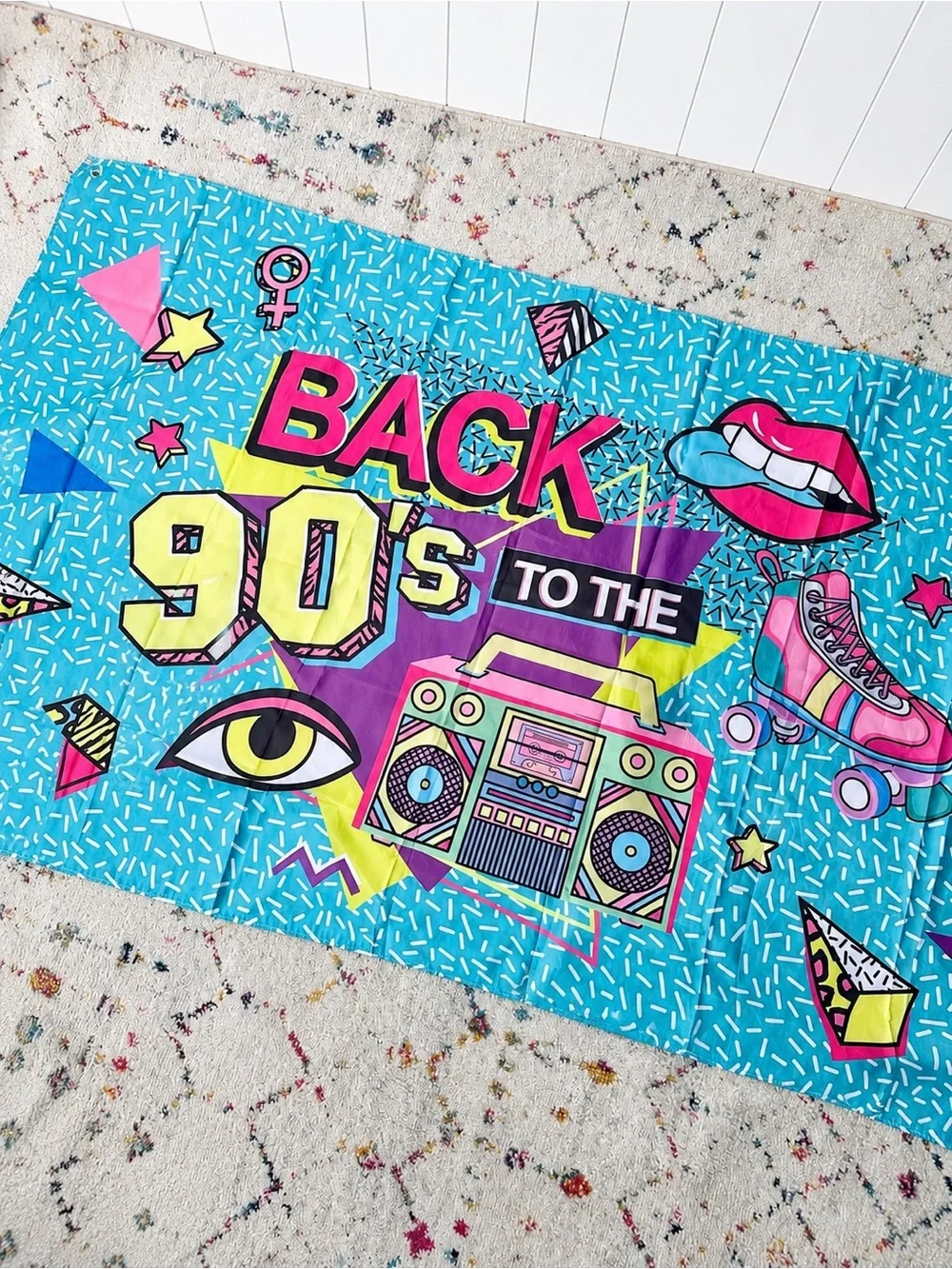 Retro 90's Party Backdrop Curtain - Teal Pink Yellow 70 × 43.5